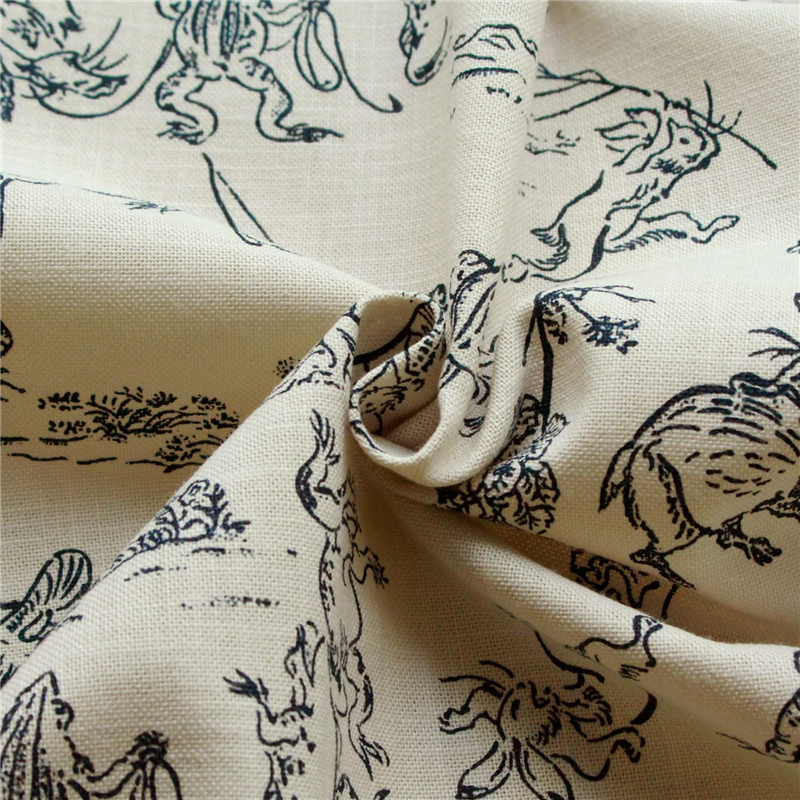 日本紐釦貿易 鳥獣戯画 むら糸藍染調 プリント生地 ベージュ×ネイビー線 巾約110cm 1mカット KW7070-7C-1M 1枚（ご注文単位1枚）【直送品】