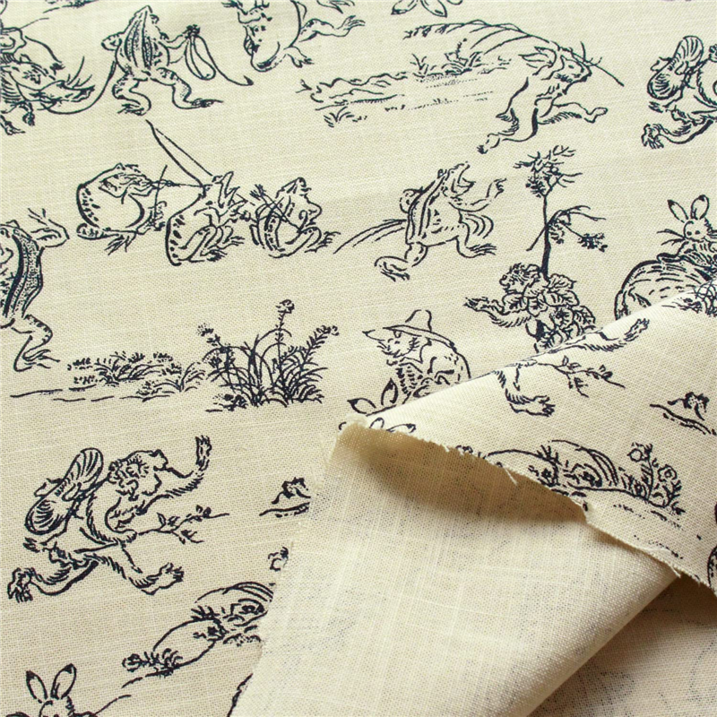 日本紐釦貿易 鳥獣戯画 むら糸藍染調 プリント生地 ベージュ×ネイビー線 巾約110cm 4mカット KW7070-7C-4M 1枚（ご注文単位1枚）【直送品】