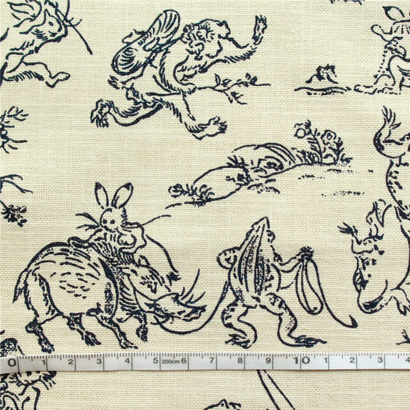 日本紐釦貿易 鳥獣戯画 むら糸藍染調 プリント生地 ベージュ×ネイビー線 巾約110cm 4mカット KW7070-7C-4M 1枚（ご注文単位1枚）【直送品】
