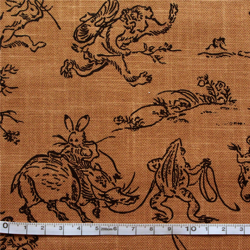 日本紐釦貿易 鳥獣戯画 むら糸藍染調 プリント生地 ブラウン×黒線 巾約110cm 1mカット KW7070-7E-1M 1枚（ご注文単位1枚）【直送品】