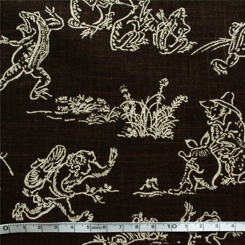 日本紐釦貿易 鳥獣戯画 むら糸藍染調 プリント生地 ダークブラウン×ベージュ線 巾約110cm 5mカット KW7070-7F-5M 1枚（ご注文単位1枚）【直送品】
