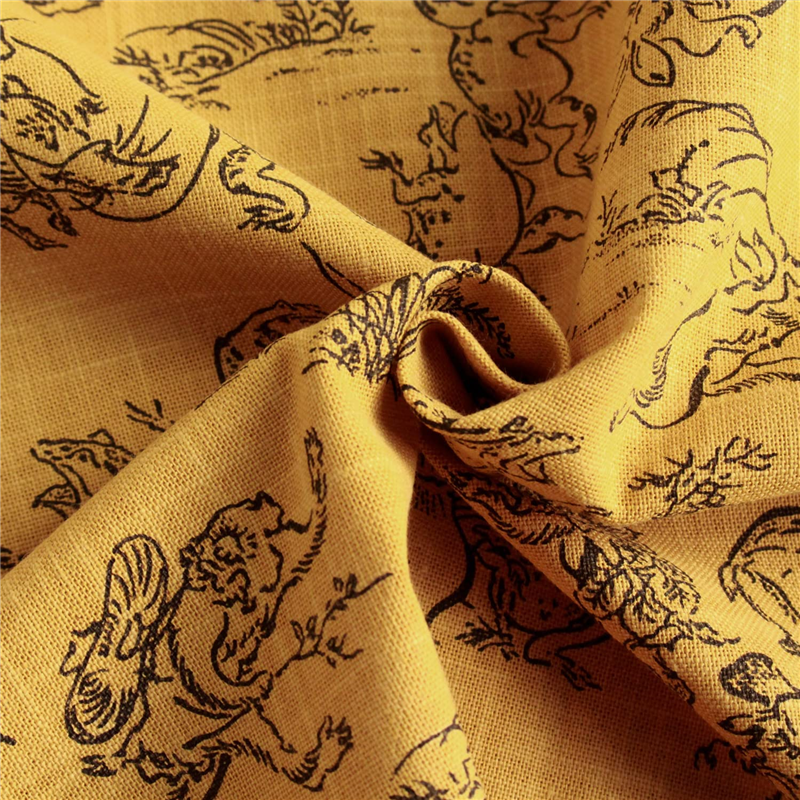 日本紐釦貿易 鳥獣戯画 むら糸藍染調 プリント生地 カラシ×黒線 巾約110cm 3mカット KW7070-7J-3M 1枚（ご注文単位1枚）【直送品】