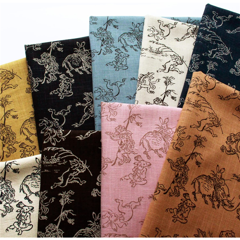 日本紐釦貿易 鳥獣戯画 むら糸藍染調 プリント生地 カラシ×黒線 巾約110cm 3mカット KW7070-7J-3M 1枚（ご注文単位1枚）【直送品】