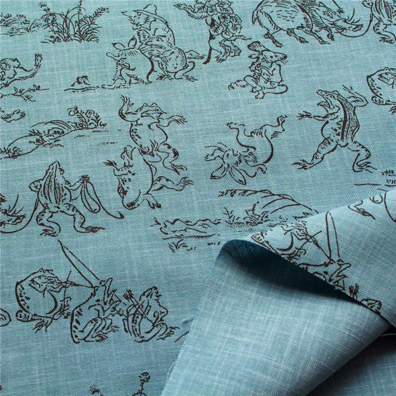 日本紐釦貿易 鳥獣戯画 むら糸藍染調 プリント生地 水色×黒線 巾約110cm 3mカット KW7070-7K-3M 1枚（ご注文単位1枚）【直送品】