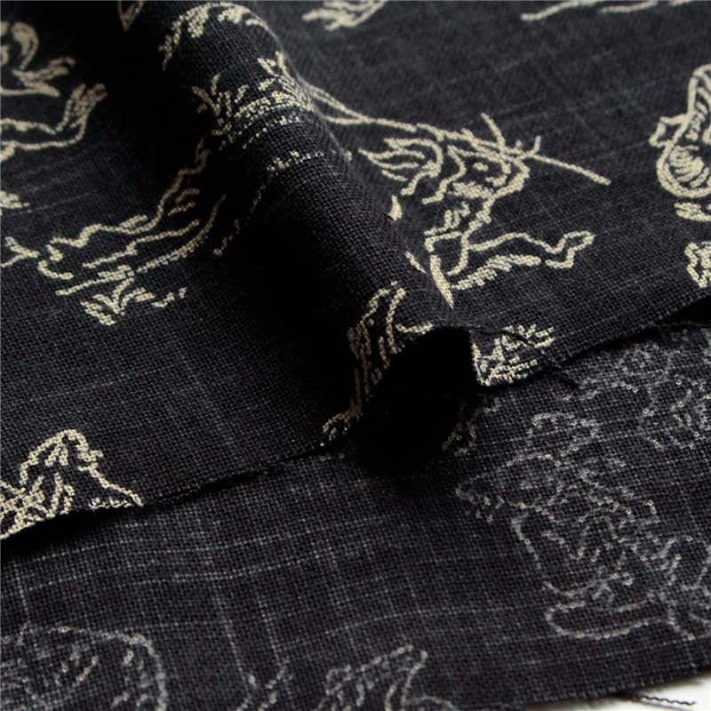 日本紐釦貿易 鳥獣戯画 むら糸藍染調 プリント生地 黒×ベージュ線 巾約110cm 1mカット KW7070-7L-1M 1枚（ご注文単位1枚）【直送品】