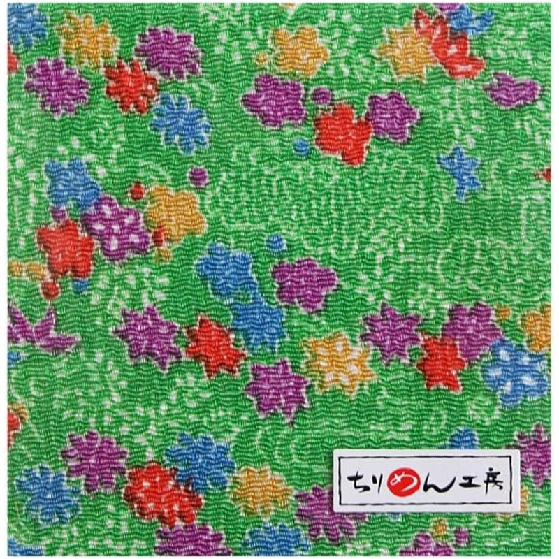 日本紐釦貿易 ちりめん 友禅 花柄 緑 巾約70cm×2ｍ切売カット 1枚（ご注文単位1枚）【直送品】