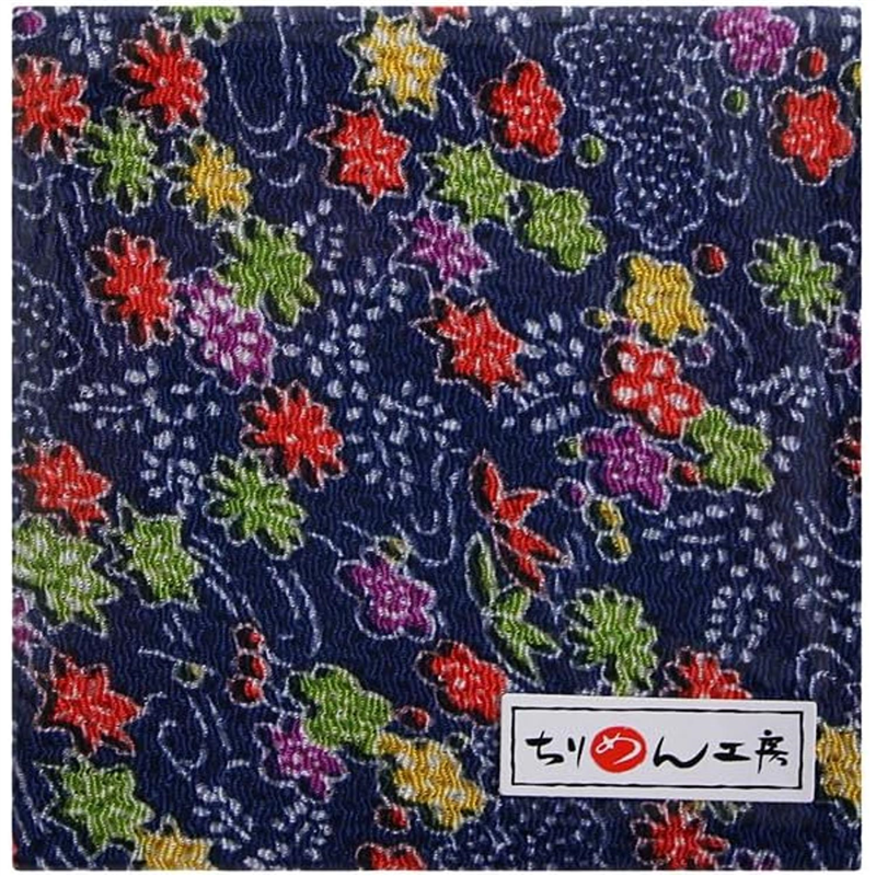 日本紐釦貿易 ちりめん 友禅 花柄 紺 巾約70cm×9m切売カット 1枚(ご注文単位1枚)【直送品】