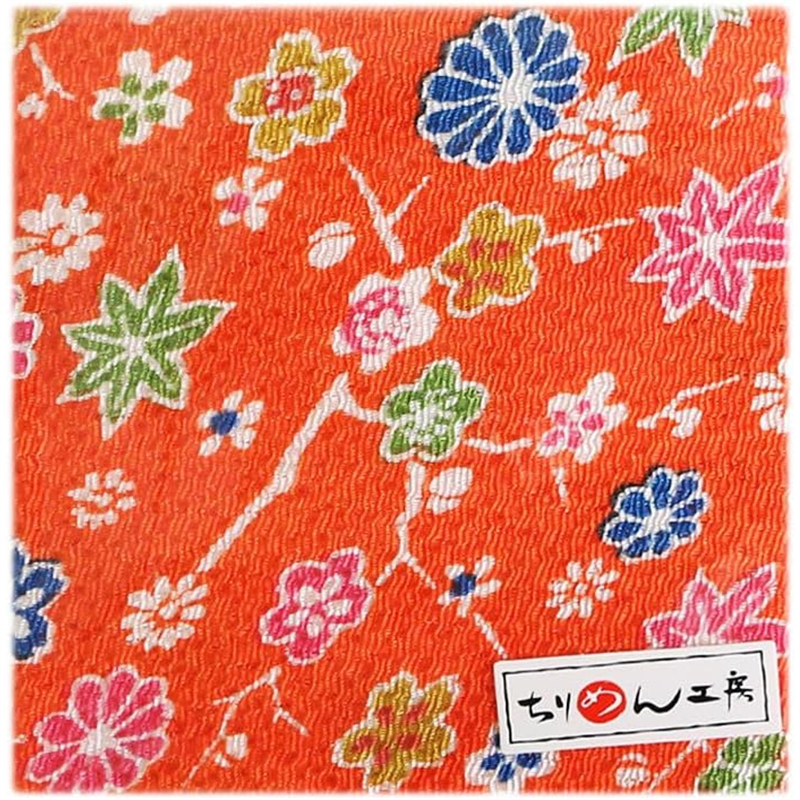 日本紐釦貿易 ちりめん 友禅 花と紅葉 橙 巾約70cm×9m切売カット 1枚(ご注文単位1枚)【直送品】