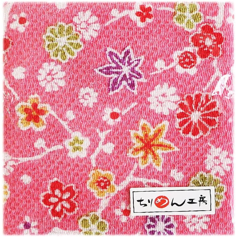 日本紐釦貿易 ちりめん 友禅 花と紅葉 ピンク 巾約70cm×8ｍ切売カット 1枚（ご注文単位1枚）【直送品】