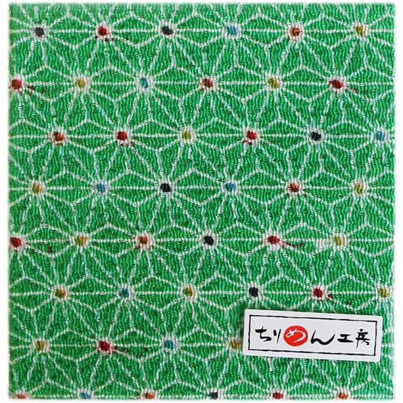 日本紐釦貿易 ちりめん 友禅 麻の葉 緑 巾約70cm×4ｍ切売カット 1枚（ご注文単位1枚）【直送品】