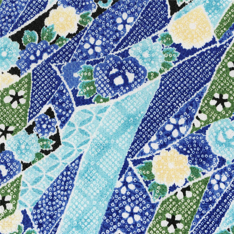 日本紐釦貿易 ちりめん 友禅 花柄 青系 巾約70cm×5ｍ切売カット 1枚（ご注文単位1枚）【直送品】