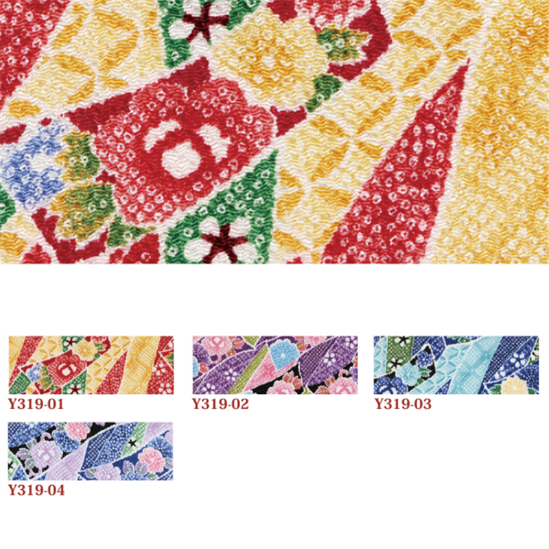 日本紐釦貿易 ちりめん 友禅 麻の葉 黄色系 巾約70cm×7ｍ切売カット 1枚（ご注文単位1枚）【直送品】