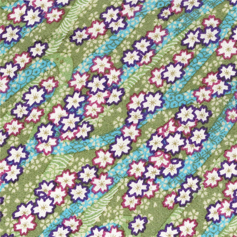 日本紐釦貿易 ちりめん 友禅 桜柄 緑系 巾約70cm×10ｍ切売カット 1枚（ご注文単位1枚）【直送品】