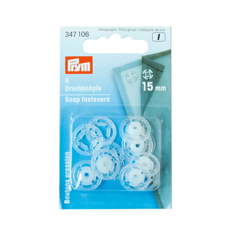 日本紐釦貿易 プリム(Prym) プラスチックスナップボタン 縫い付け 丸型 15mm 6組 半透明 347105 (ご注文単位1個)【直送品】
