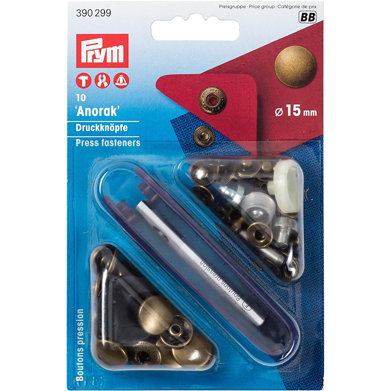 日本紐釦貿易 プリム(Prym) スナップボタン Anorak キット付 φ15mm 10組入 アンティーク真鍮 390299 (ご注文単位1個)【直送品】