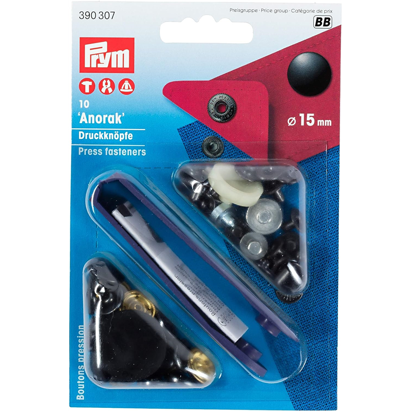 日本紐釦貿易 プリム(Prym) スナップボタン Anorak キット付 φ15mm 10組入 ブラック 390307 (ご注文単位1個)【直送品】