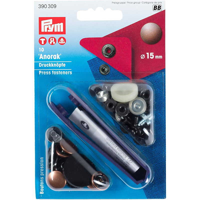 日本紐釦貿易 プリム(Prym) スナップボタン Anorak キット付 φ15mm 10組入 オールドカッパー 390309 (ご注文単位1個)【直送品】