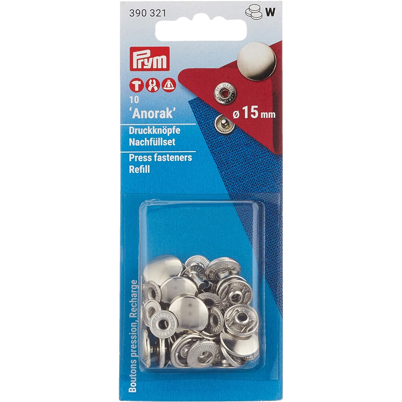 日本紐釦貿易 プリム(Prym) スナップボタン Anorak 補充用 φ15mm 10組入 ニッケル 390321 (ご注文単位1個)【直送品】