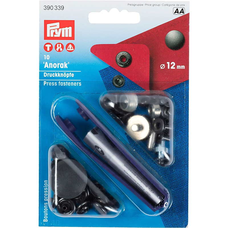日本紐釦貿易 プリム(Prym) スナップボタン Anorak キット付 φ12mm 10組入 ブラックニッケル 390339 （ご注文単位1個）【直送品】