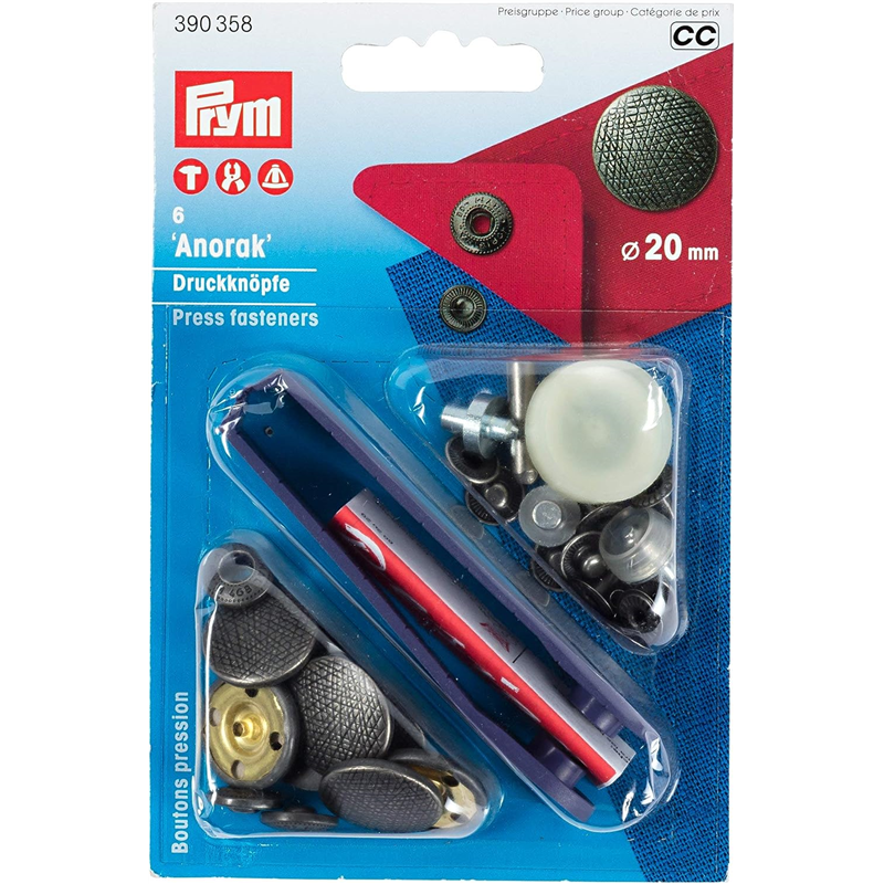 日本紐釦貿易 プリム(Prym) スナップボタン Anorak キット付 φ20mm 6組入 アンティークシルバー 390358 （ご注文単位1個）【直送品】