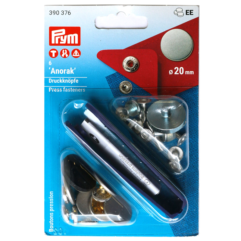 日本紐釦貿易 プリム(Prym) スナップボタン Anorak キット付 φ20mm 6組入 マットシルバー 390376 （ご注文単位1個）【直送品】