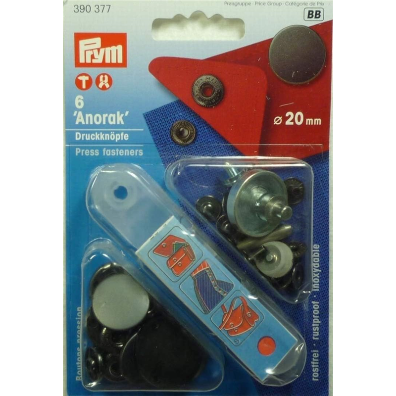 日本紐釦貿易 プリム(Prym) スナップボタン Anorak キット付 φ20mm 6組入 マットブラック 390377 （ご注文単位1個）【直送品】