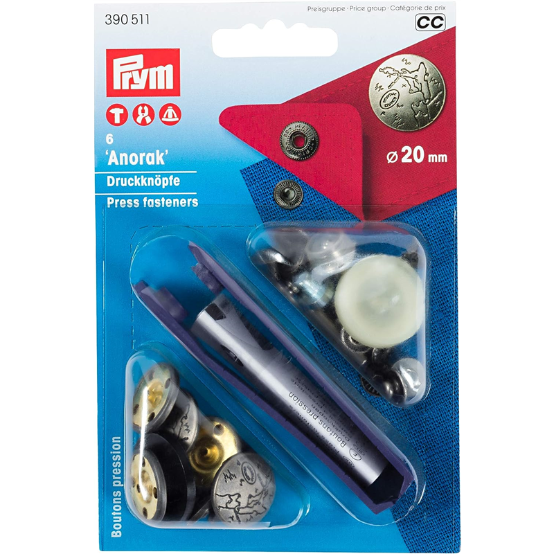 日本紐釦貿易 プリム(Prym) スナップボタン Anorak キット付 φ20mm 6組入 マットシルバー 390511 （ご注文単位1個）【直送品】