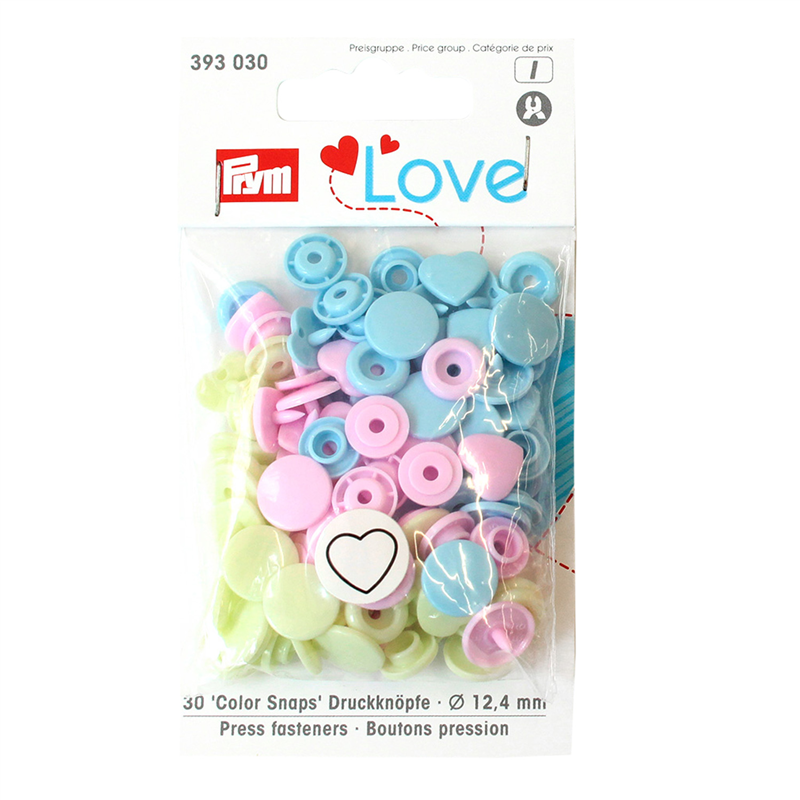 日本紐釦貿易 Prym プリム カラースナップボタン ハート 12.4mm ライトピンク・ライトグリーン・ライトブルー 30組入 PRM393030 (ご注文単位1束)【直送品】