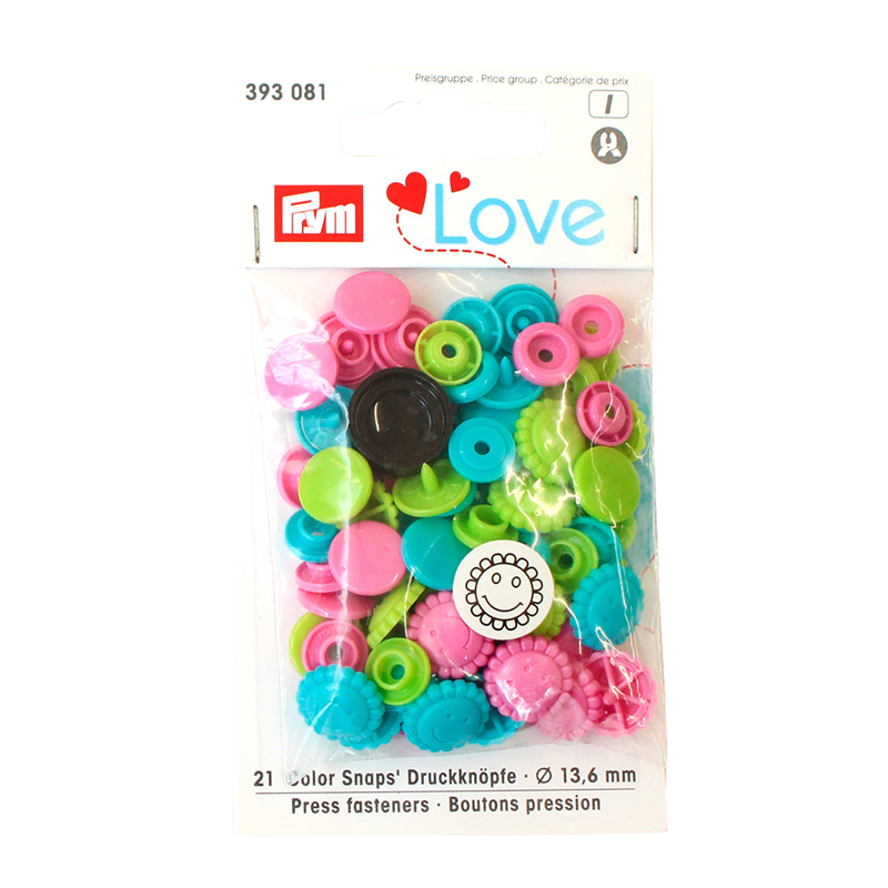日本紐釦貿易 Prym プリム カラースナップボタン フラワー 13.6mm ターコイズ・アップルグリーン・ピンク 21組入 PRM393081 （ご注文単位1束）【直送品】