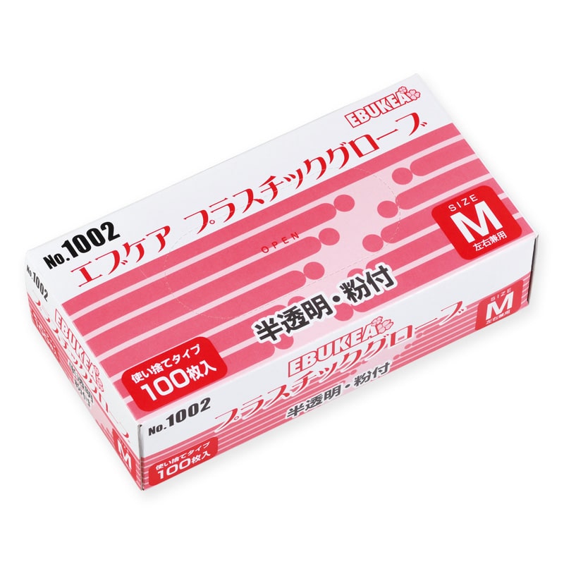 エブノ エブケアプラスチックグローブ　粉付 箱入　M 1002　半透明 100枚/箱（ご注文単位20箱）【直送品】