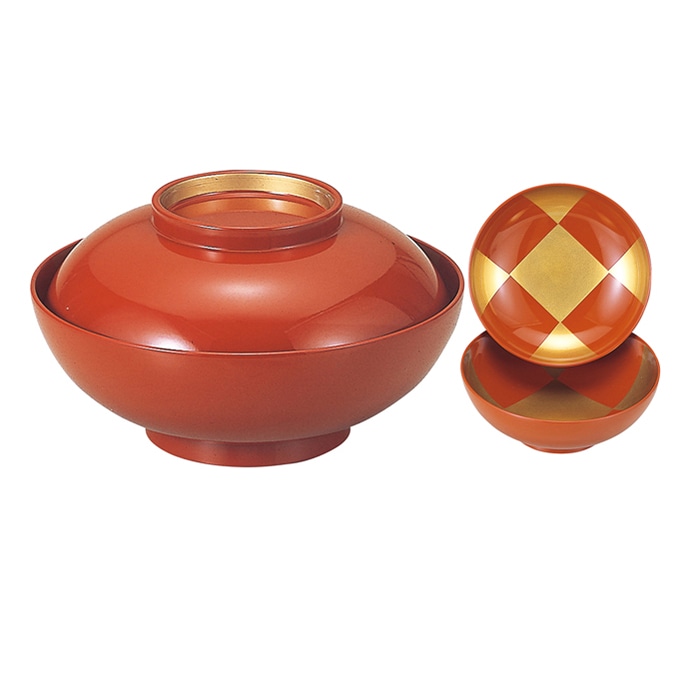 福井クラフト 仙才煮物椀　　4.5寸　蓋親セット 朱高台内金　見返し市松 12017280 1個（ご注文単位1個）【直送品】