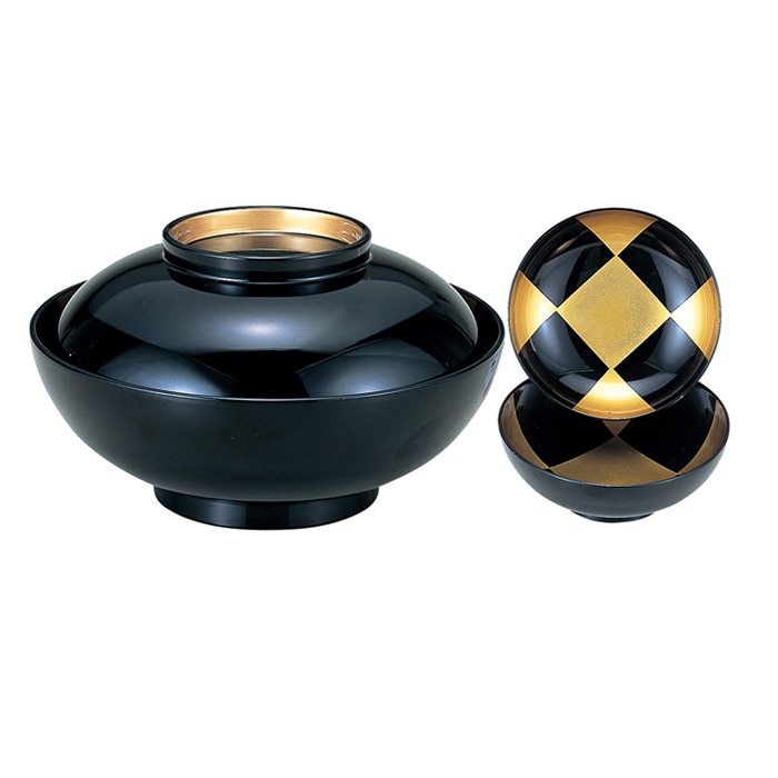 福井クラフト 仙才煮物椀　　4.5寸　蓋親セット 黒高台内金　見返し市松 12017290 1個（ご注文単位1個）【直送品】