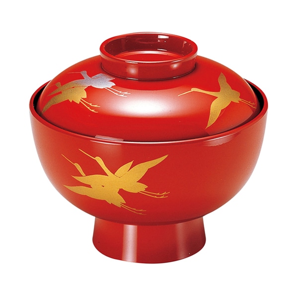 福井クラフト 耐熱雑煮椀　4.2寸　蓋親セット 朱／飛鶴　内黒 33500500 1個（ご注文単位1個）【直送品】