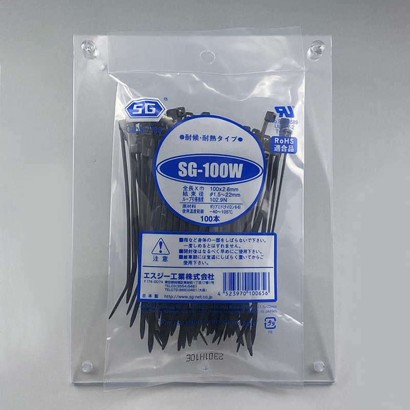 エスジー工業 結束バンド SGケーブルタイ スタンダード 耐候・耐熱 黒 100本 SG-100W 1袋(ご注文単位1袋)【直送品】