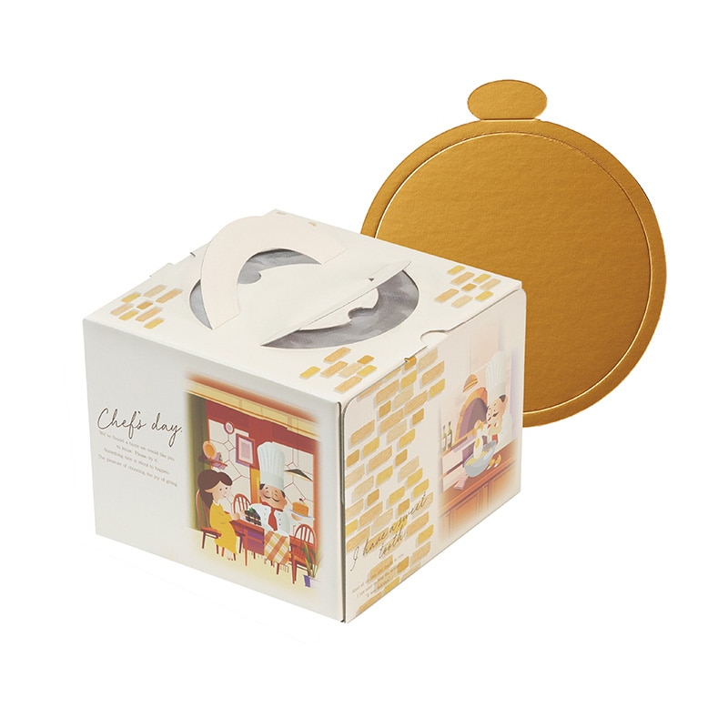 ヤマニパッケージ ケーキ箱　パティシエの1日 5号　金台紙丸型付 20-2366TM 100セット/パック（ご注文単位1パック）【直送品】