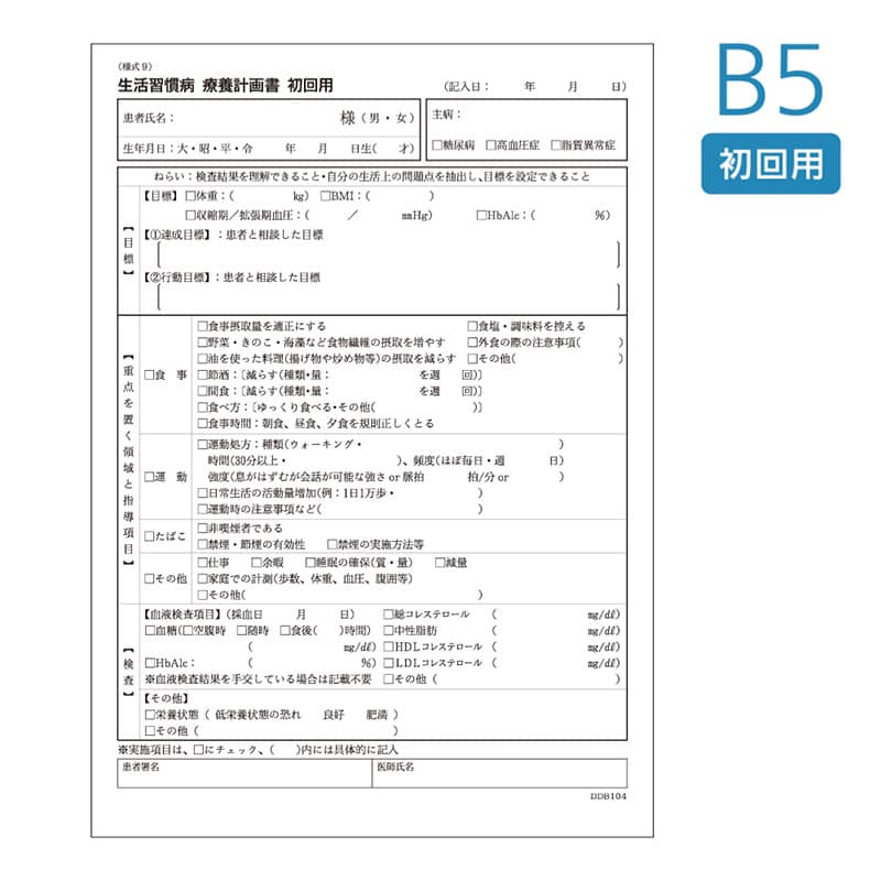 東杏印刷 生活習慣病療養計画書 初回用 B5 B5 初回 5冊入 DDB104 1箱（ご注文単位1箱）【直送品】