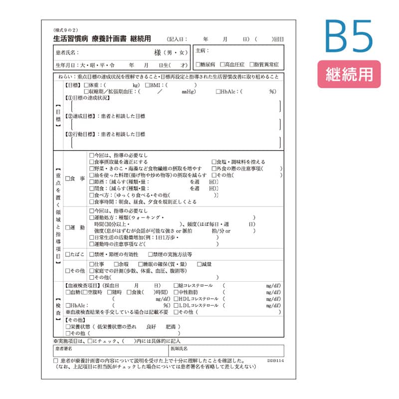 東杏印刷 生活習慣病療養計画書 継続用 B5 B5 継続 1冊入 DDB114 1箱（ご注文単位1箱）【直送品】