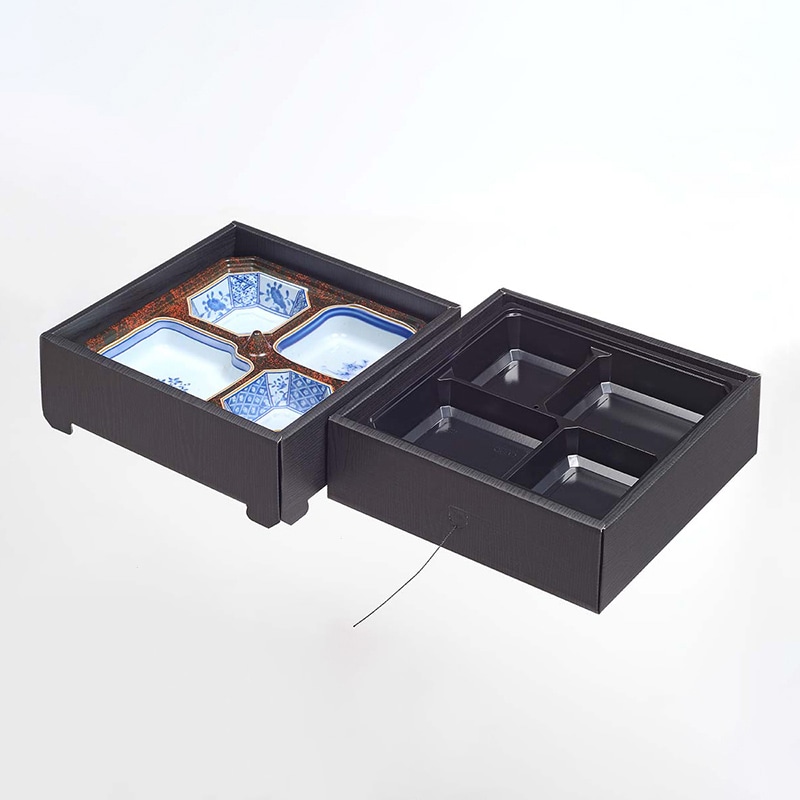 ヨシザワ お重容器　蒸熱BOX　温冷二段お重 温トレー4マス／冷トレー4マス　柄付 KIT2タイプ 30個/ケース（ご注文単位1ケース）【直送品】