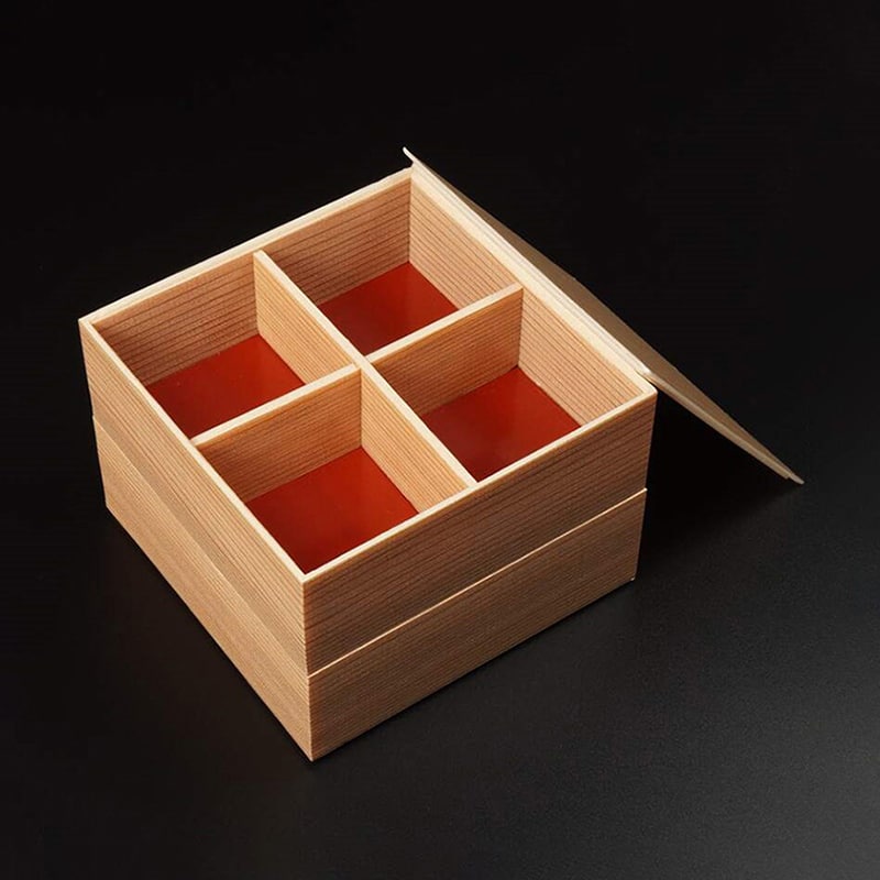 群馬デスコ 2段折 Wタモン柄 赤底 のせ蓋付 上下同一サイズ MO-88 1個（ご注文単位24個）【直送品】