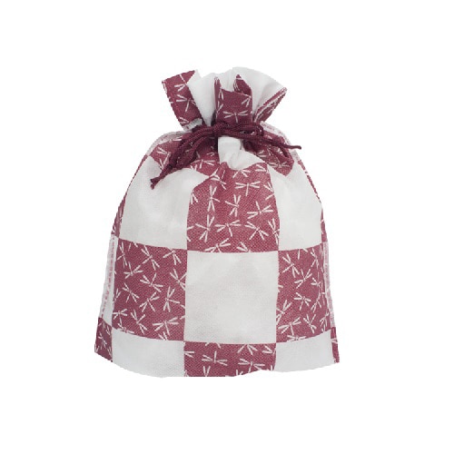 ㈱三和 不織布 和風柄巾着 チェック蜻蛉柄 SW2528CHTB-WR ワインレッド 50枚/袋(ご注文単位1袋)【直送品】