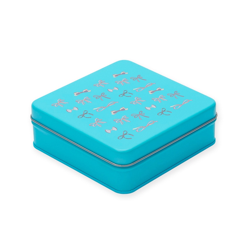 【オリジナル印刷】特注スクエア缶 フルカラー4色印刷（＋白印刷） アクアブルー　60個