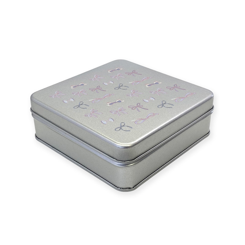 【オリジナル印刷】特注スクエア缶 フルカラー4色印刷（＋白印刷） サテンシルバー　60個