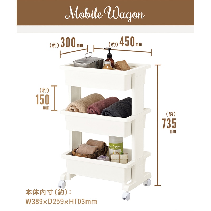 JEJアステージ リセスタイル モバイルワゴン 3段 ホワイト 1個(ご注文単位6個)【直送品】