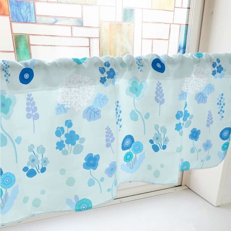 P・O・Pプロダクツ カフェカーテン W800 40430　野花と紫陽花　水色 1枚（ご注文単位1枚）【直送品】