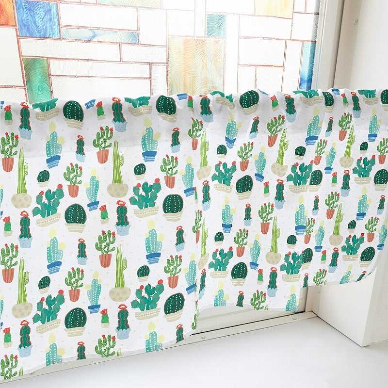 P・O・Pプロダクツ カフェカーテン W1000 40497　サボテン　白 1枚（ご注文単位1枚）【直送品】
