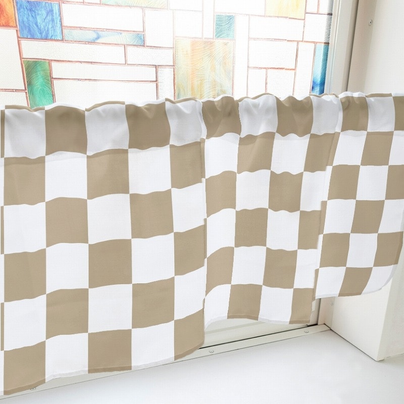 P・O・Pプロダクツ カフェカーテン W800 40876　ブロックチェック　茶 1枚（ご注文単位1枚）【直送品】