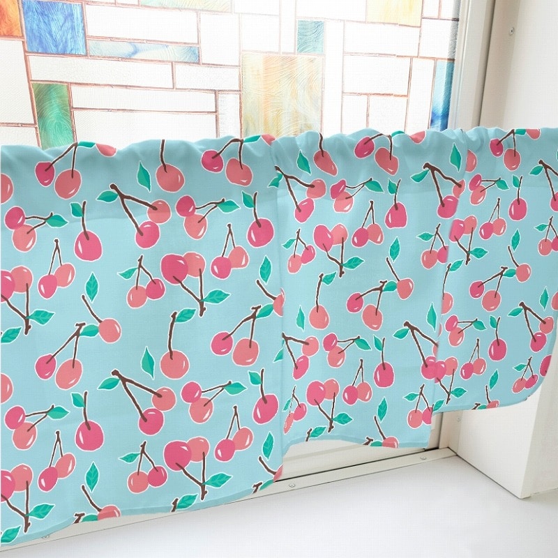 P・O・Pプロダクツ カフェカーテン W800 41170 さくらんぼ 水色 1枚(ご注文単位1枚)【直送品】