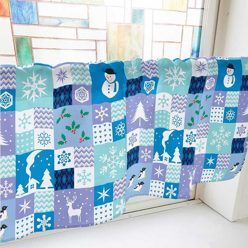 P・O・Pプロダクツ カフェカーテン W1000 41663 クリスマス柄パッチワーク 青 1枚(ご注文単位1枚)【直送品】