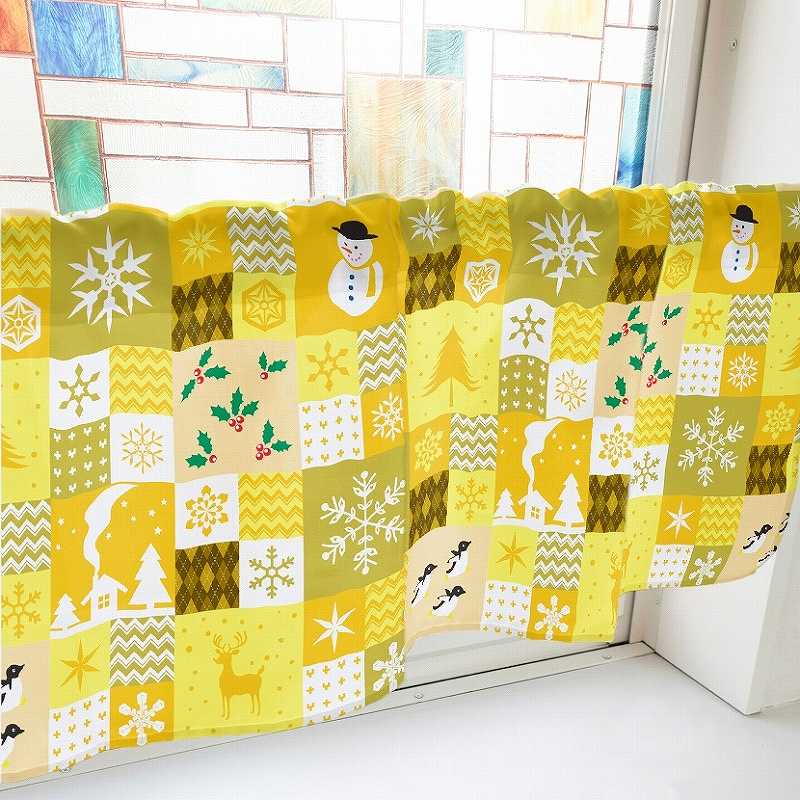 P・O・Pプロダクツ カフェカーテン W1000 41665 クリスマス柄パッチワーク 黄 1枚(ご注文単位1枚)【直送品】