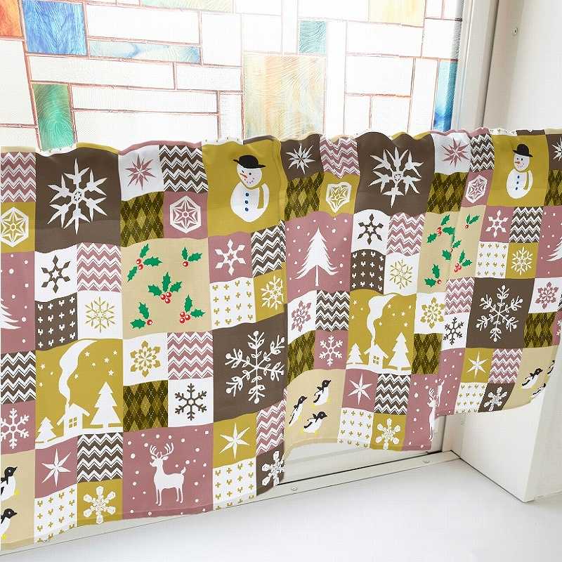 P・O・Pプロダクツ カフェカーテン W800 41668 クリスマス柄パッチワーク 茶 1枚(ご注文単位1枚)【直送品】